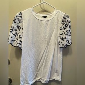 White Tee with Embroidered Floral Puff Sleeves